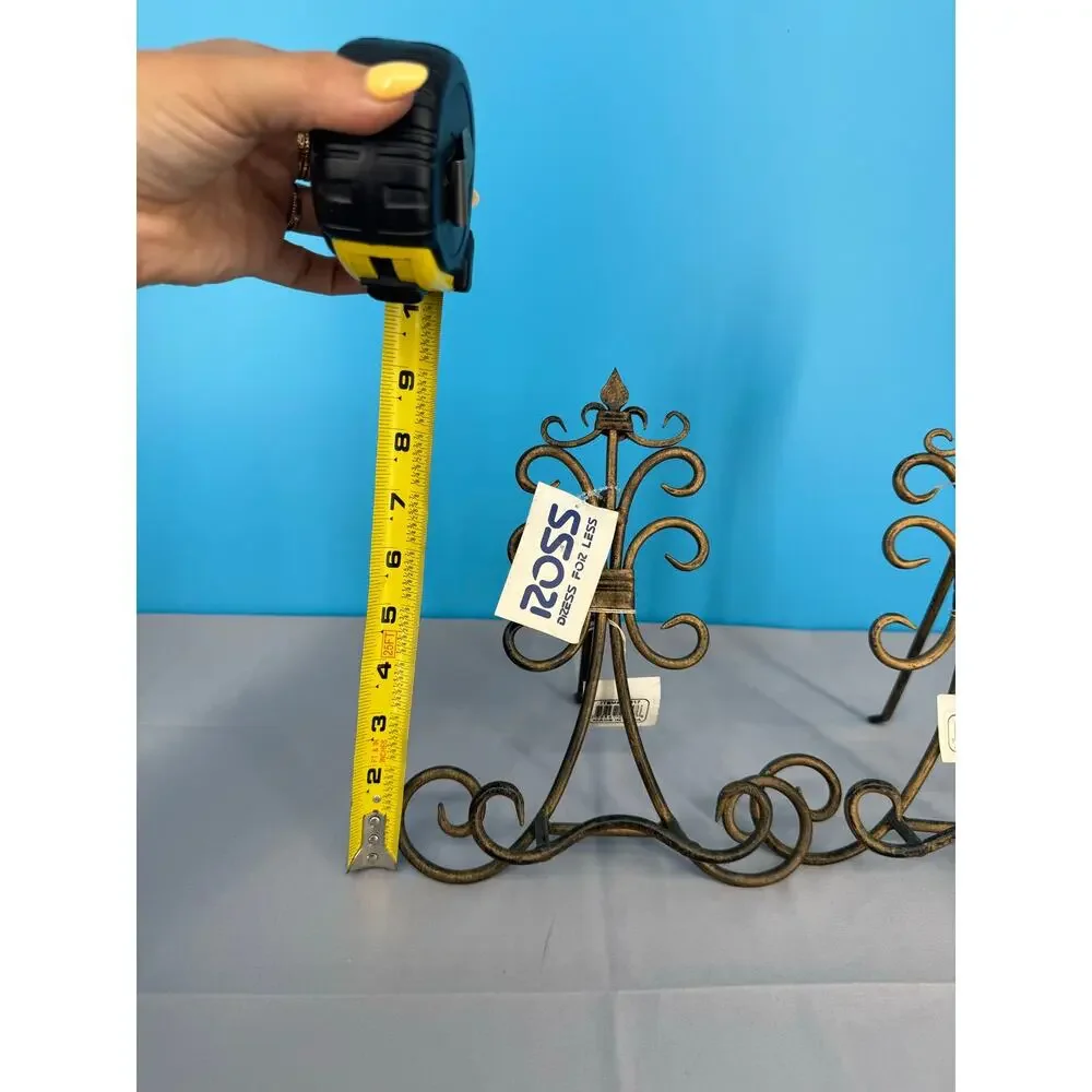 Set of 2 Decorative Metal Plate Display Easels Scroll Fleur de Lis 9” Bronze